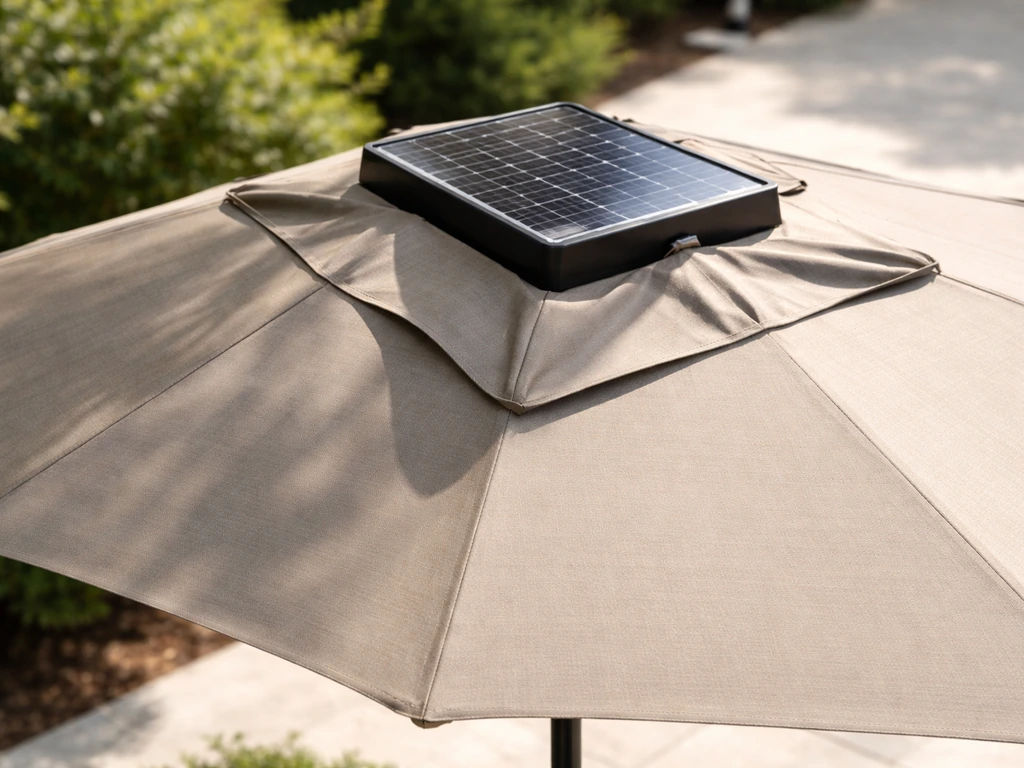 Solar umbrella showing a panel mounted at the canopy top, with tilt casting partial shade over it.