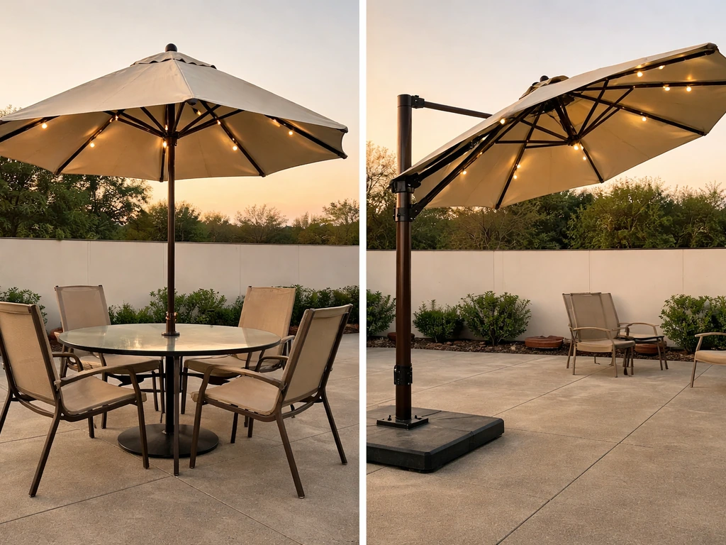 Two solar patio umbrellas side-by-side: a center-pole market umbrella and an offset cantilever style.