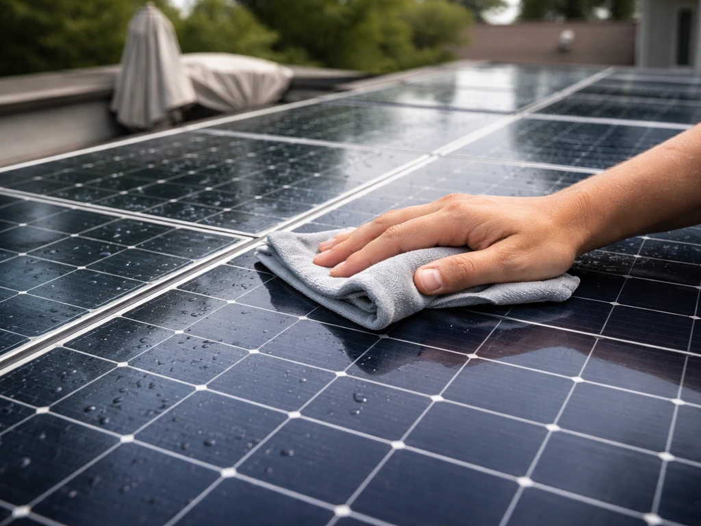 Close-up of a solar panel being gently wiped with a damp cloth, with an umbrella stored nearby.