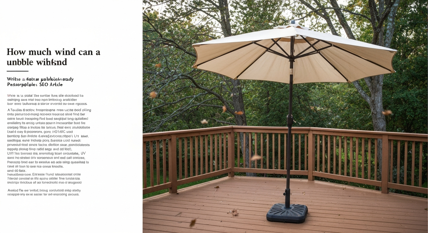 9-ft patio umbrella with vented canopy on a wooden deck in moderate wind; trees and leaves bending in background