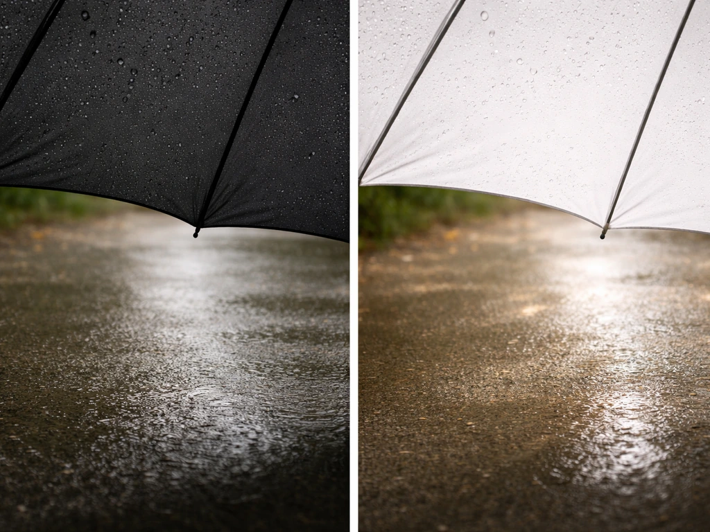 Close-up comparison of black vs white umbrella canopy, showing darker vs brighter shaded ground.