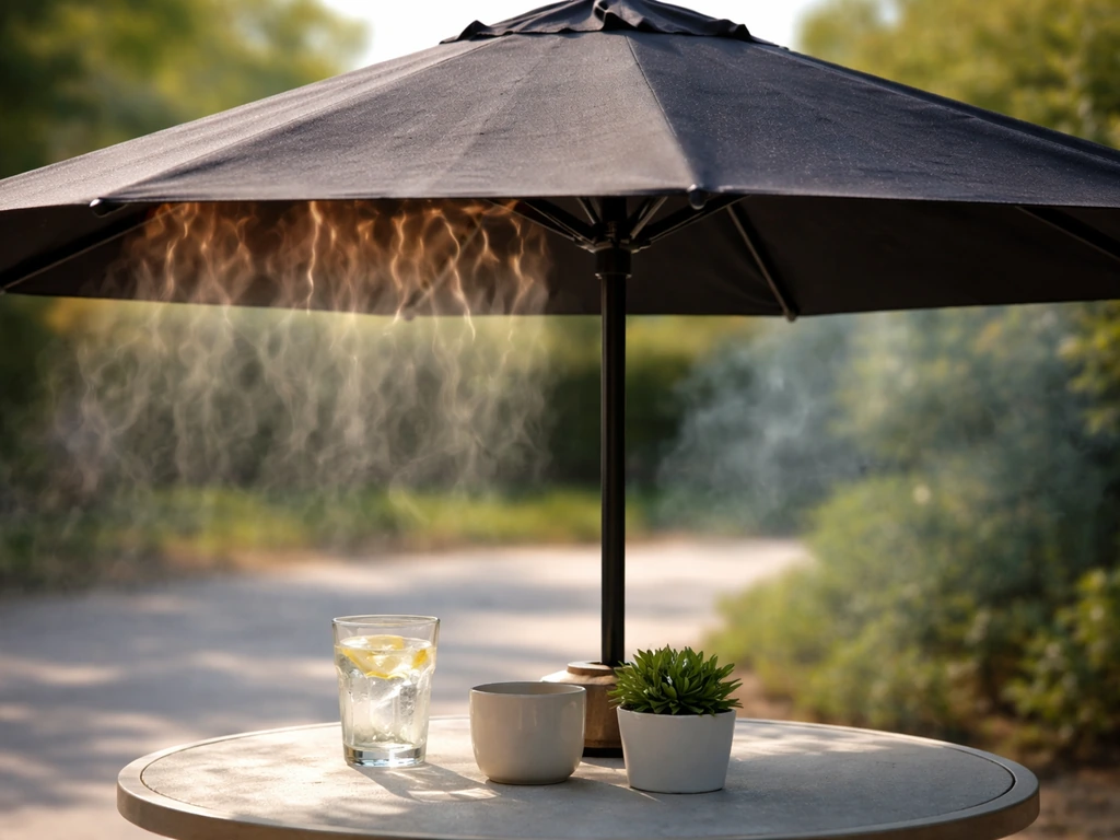 Minimal cross-section-style photo showing a black umbrella canopy warmer than shaded surrounding air.