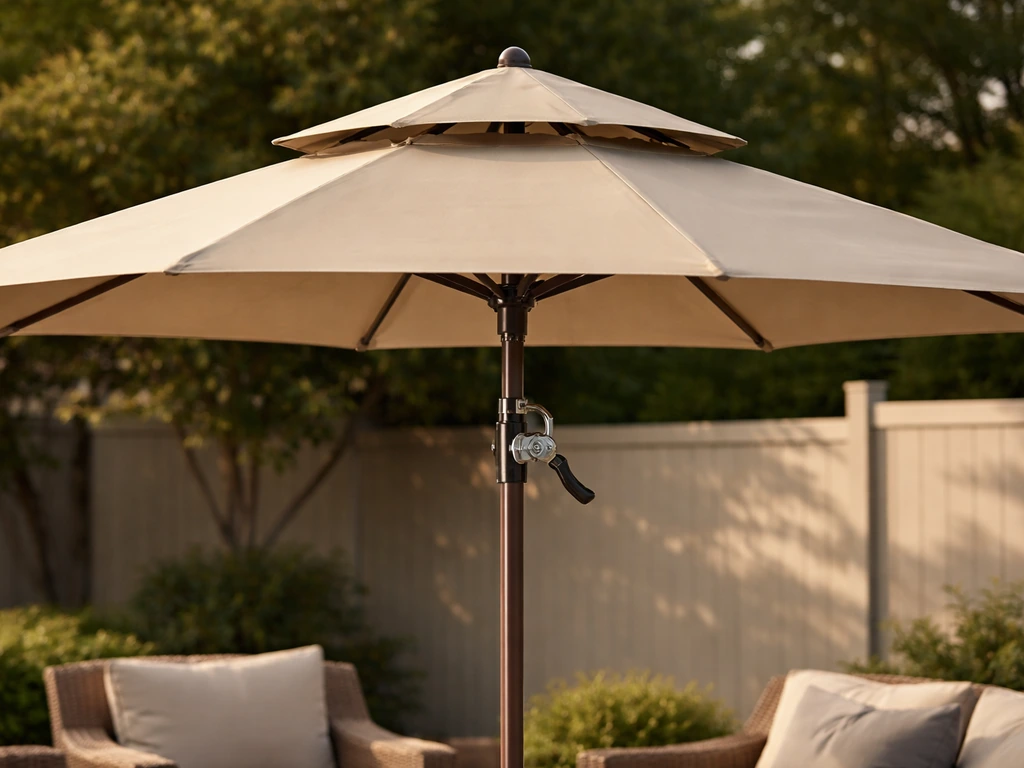 Patio umbrella with visible double vents and crank-tilt mechanism over shaded seating area.