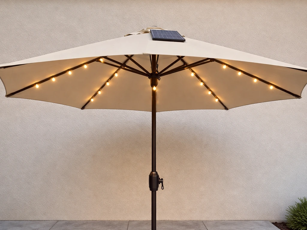 Open solar patio umbrella on a sunny day with warm LED canopy lights softly glowing and solar panel visible.