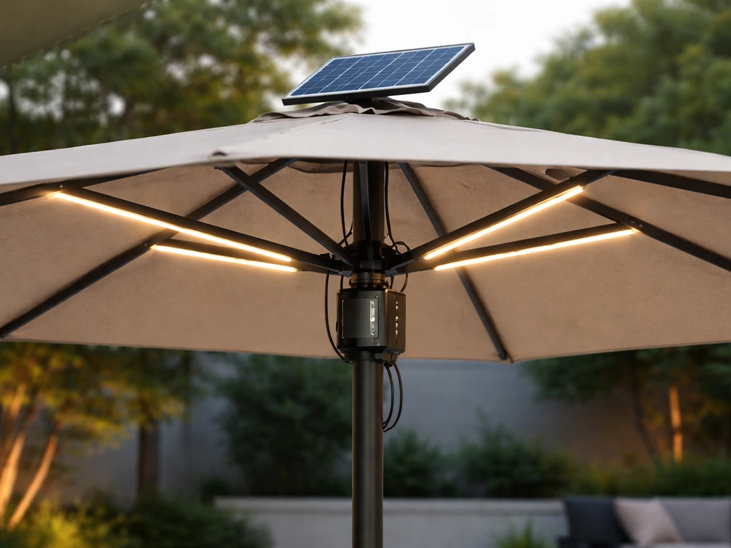 Minimal view of a solar patio umbrella with a small panel powering LEDs around the canopy ribs.