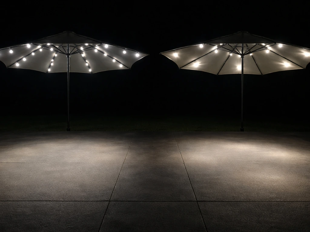 Two umbrella lights side-by-side showing even vs uneven LED distribution coverage on a dark patio