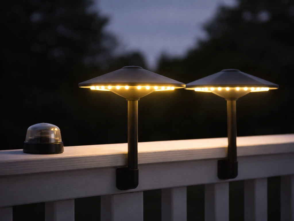 Two umbrella patio lights show steady-on and dim/fade mode with a dusk-to-dawn sensor nearby.