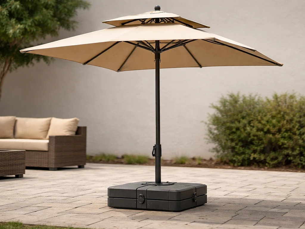Vented double-canopy umbrella on a heavy weighted base on a quiet patio, shown in a light breeze.