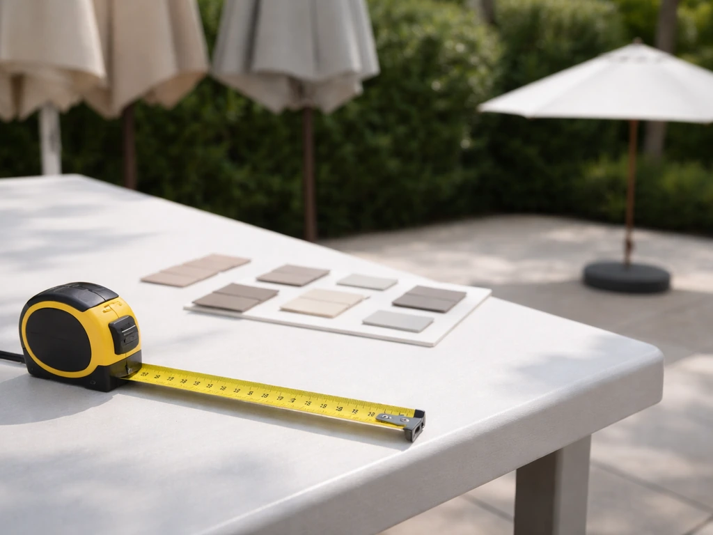Measuring tape on a patio table with an umbrella staged for purchase beside it.