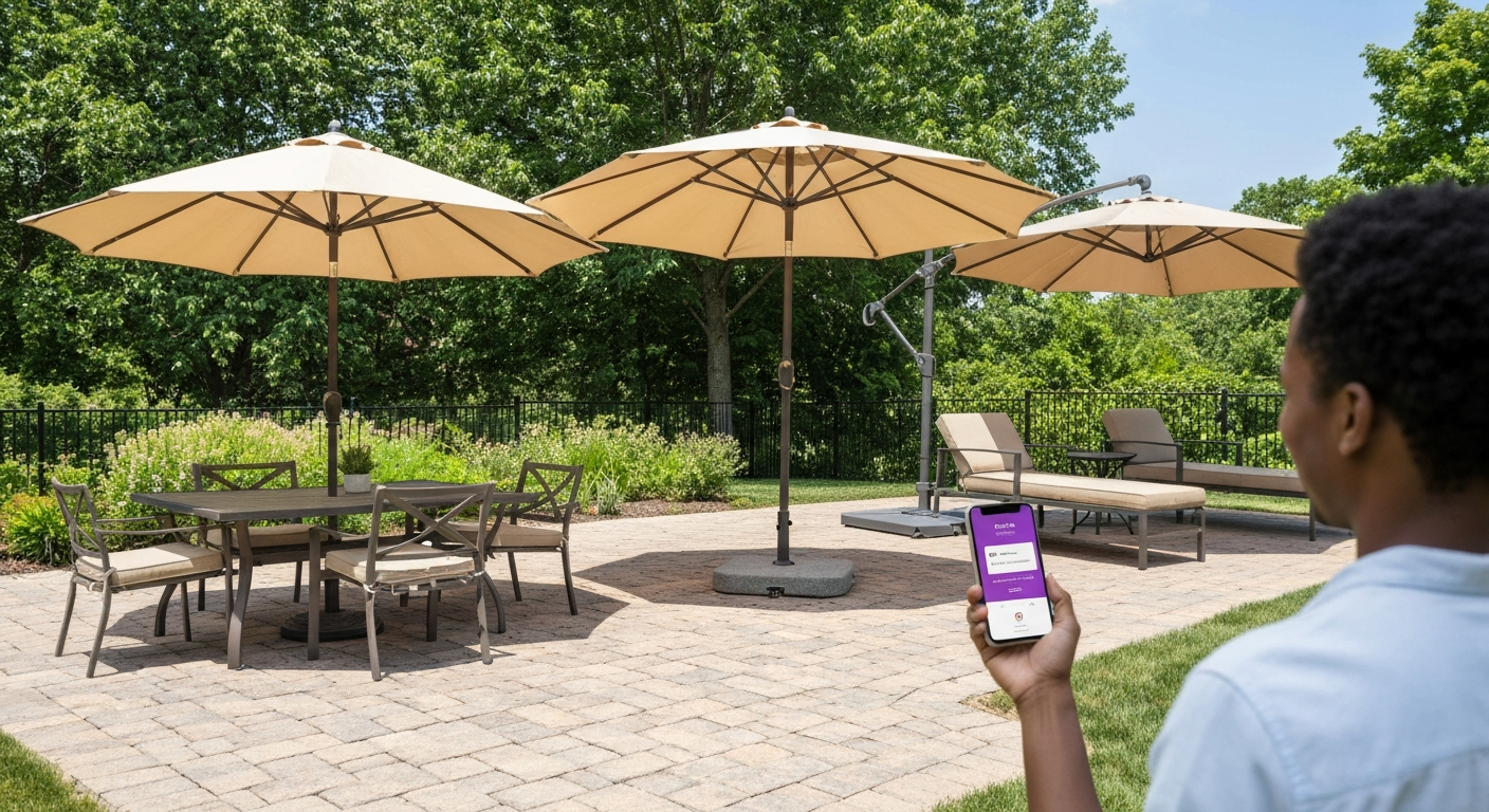 Backyard with three patio umbrella styles (9-ft, 11-ft, cantilever) and a person checking stock on a phone