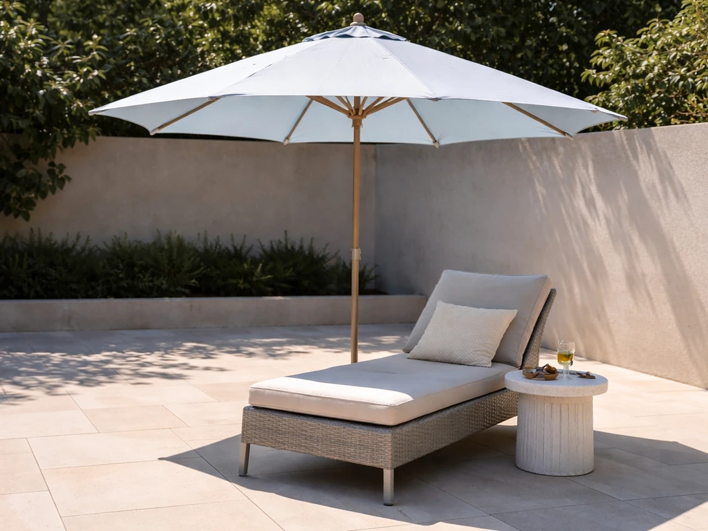 Light blue patio umbrella casting strong shade on a sunny hot summer patio