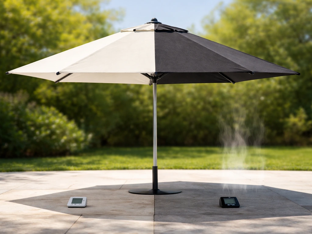 Light vs dark umbrella canopy side-by-side with cooler light side and heat shimmer above dark side
