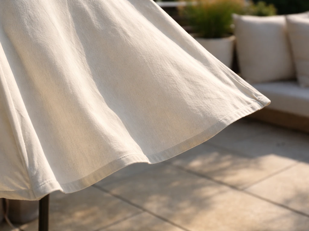 Off-white patio umbrella in strong afternoon west sun, bright highlights on fabric over a calm patio.