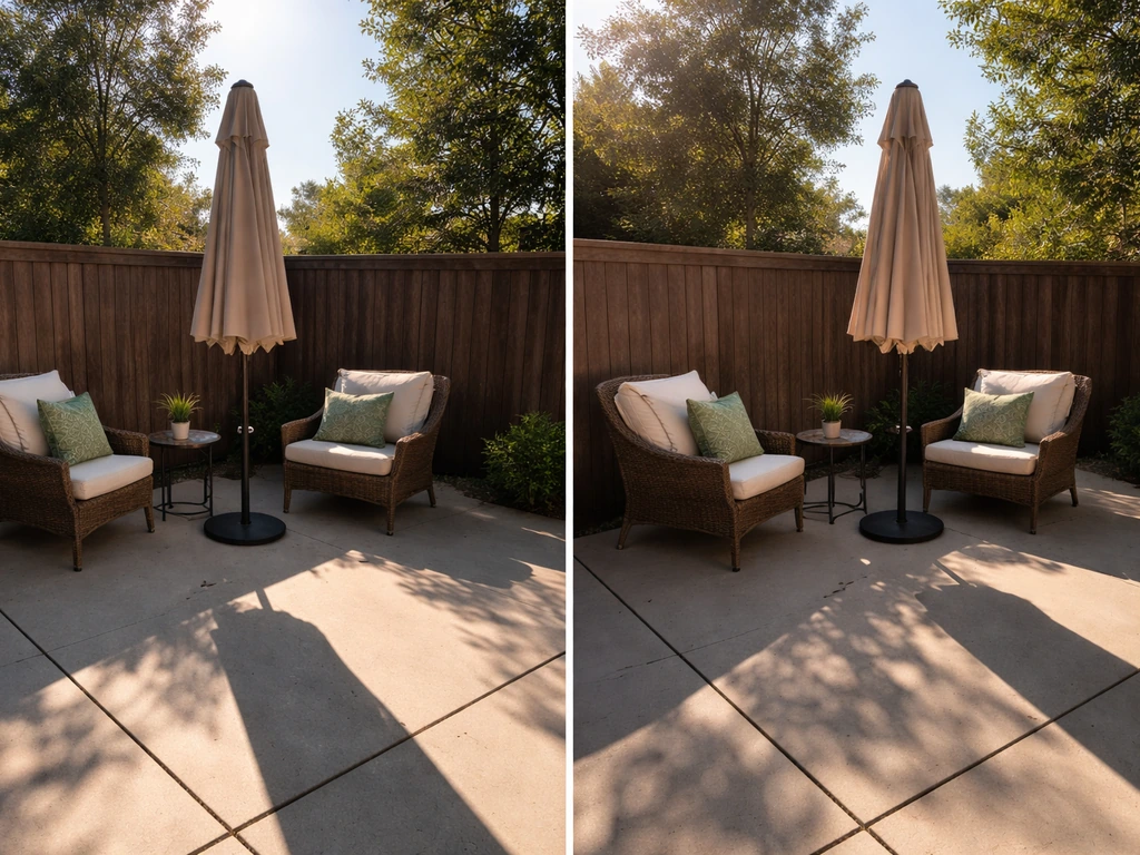 Minimal patio with umbrella casting afternoon shadows showing stronger late sun from south/west.