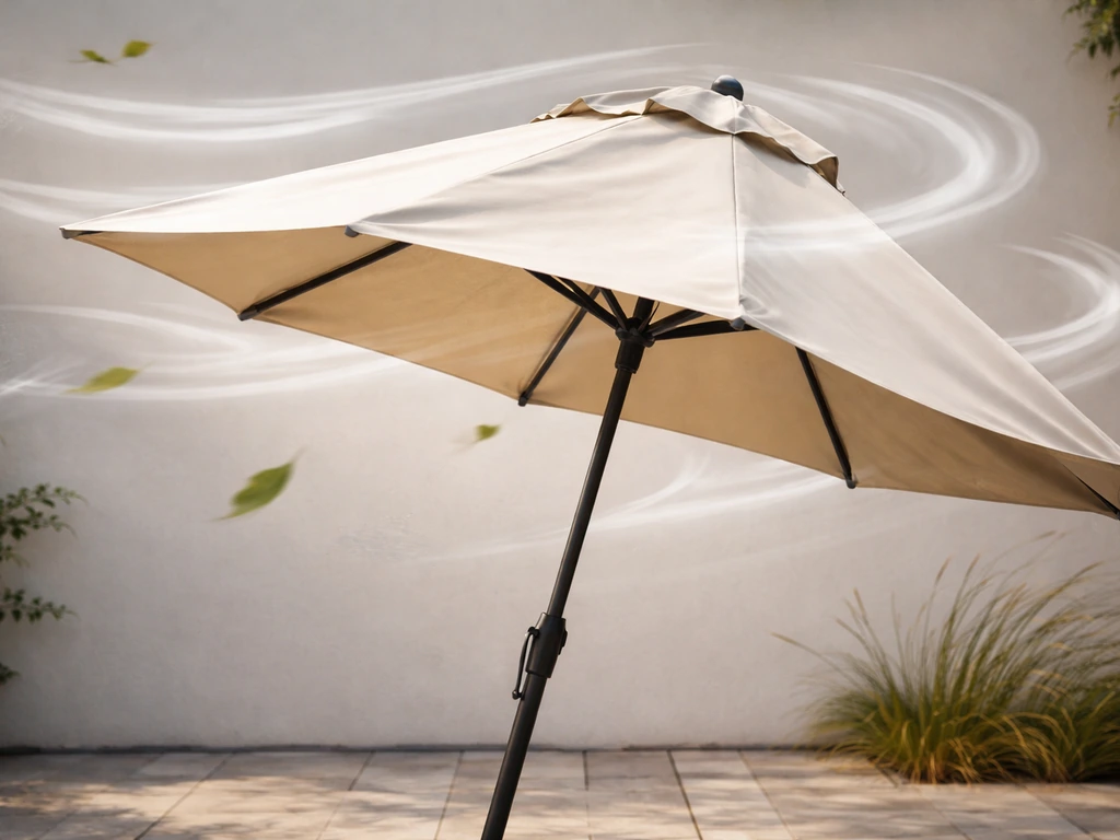Wind gust tilts a patio umbrella, with visible air-flow swirls showing lift upward and push sideways.