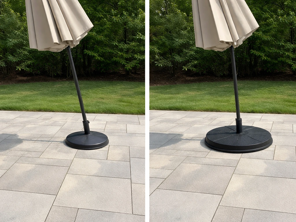 Side-by-side view of a heavy anchored patio umbrella base and a too-light base, minimal outdoor setting