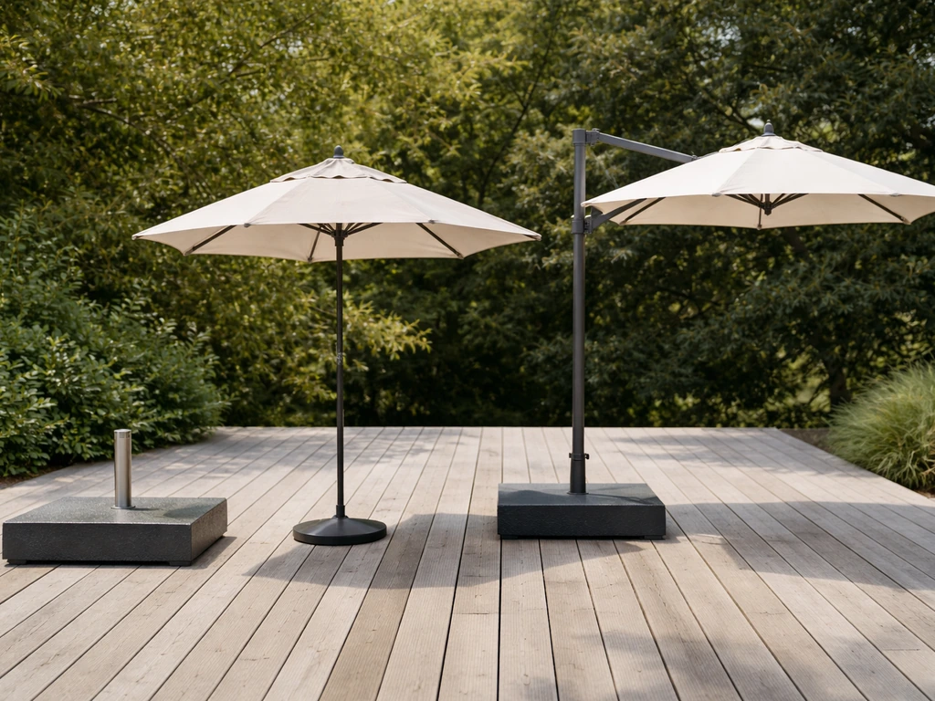 Vented patio umbrella options with a heavy weighted base laid out on a deck for windy-location shopping.