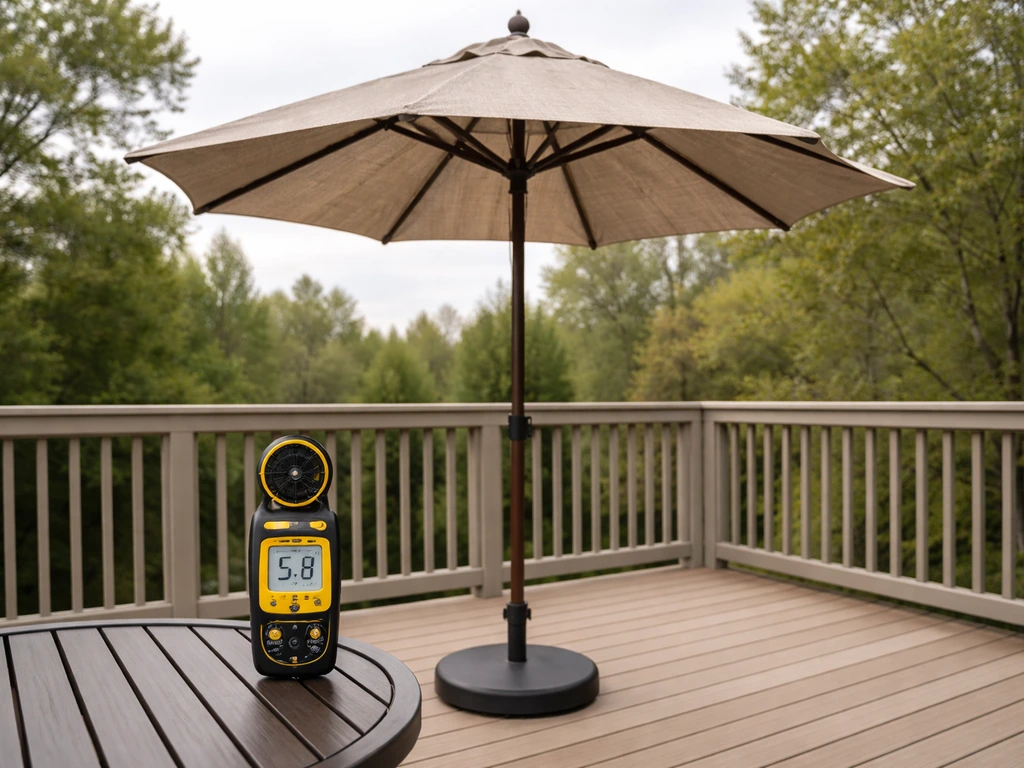 Patio umbrella on an outdoor deck beside a wind gauge and a readable mph reference for verifying wind rating.
