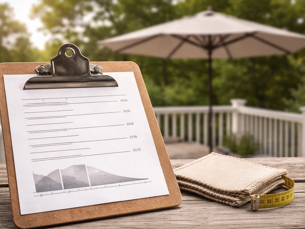 Close-up of patio umbrella wind-rating label on a clipboard with outdoor patio umbrella in soft background.