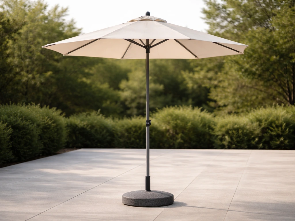 Center-pole market umbrella open and weighted securely outdoors, showing stable pole alignment.