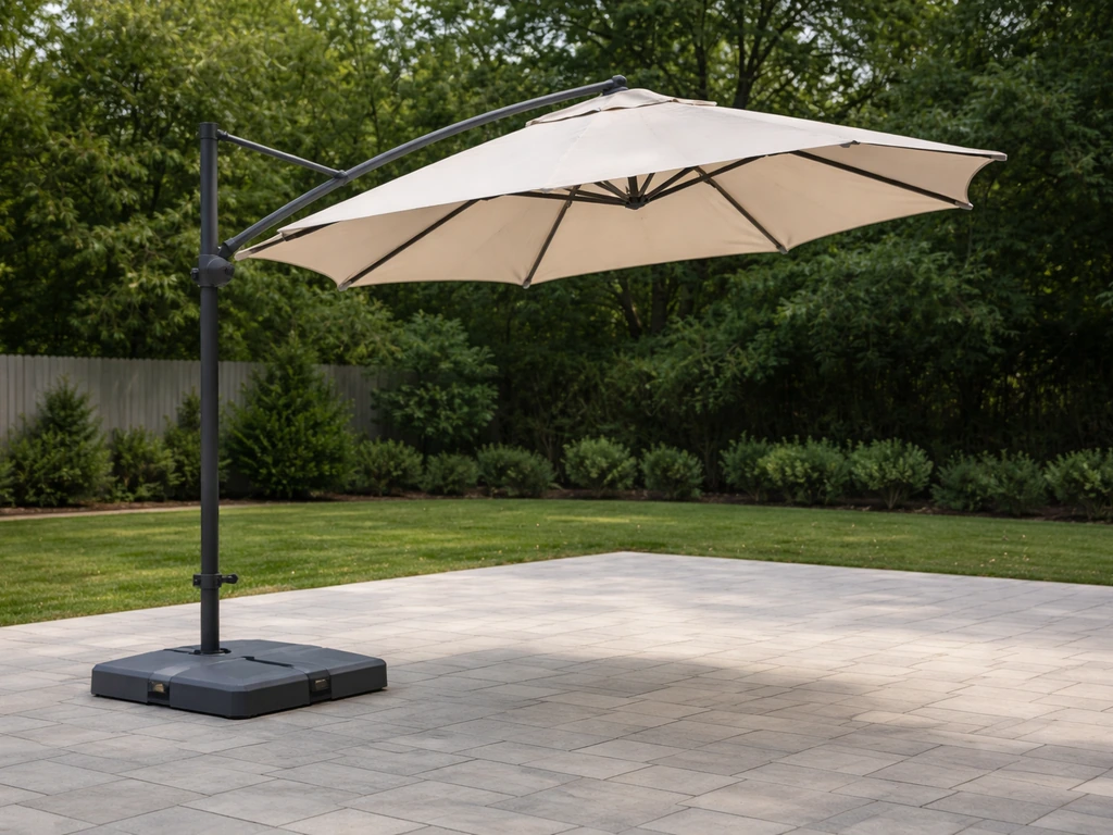 Outdoor cantilever umbrella with offset arm and visible base footprint on a patio under cloudy sky.
