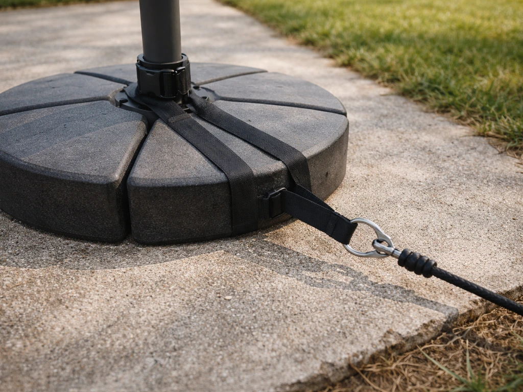 Close-up of a patio umbrella pole secured with heavy base and taut straps to prevent lifting.
