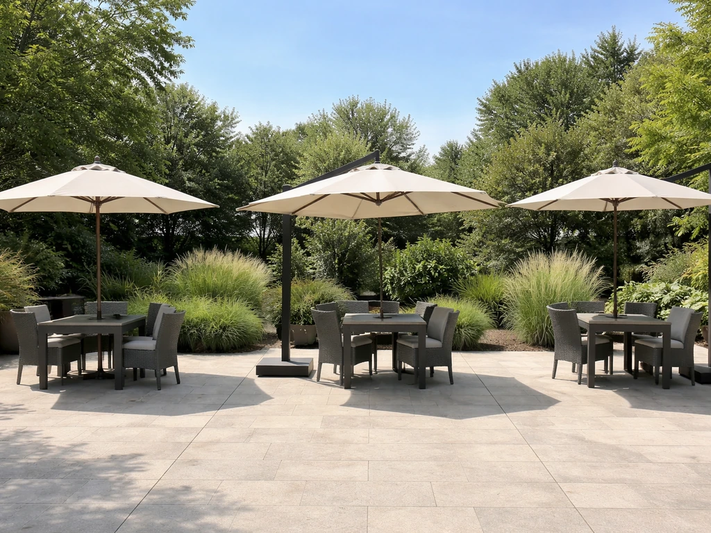 Outdoor patio showing center-pole, cantilever/offset, and side-pole umbrella layouts with clear pole placement.