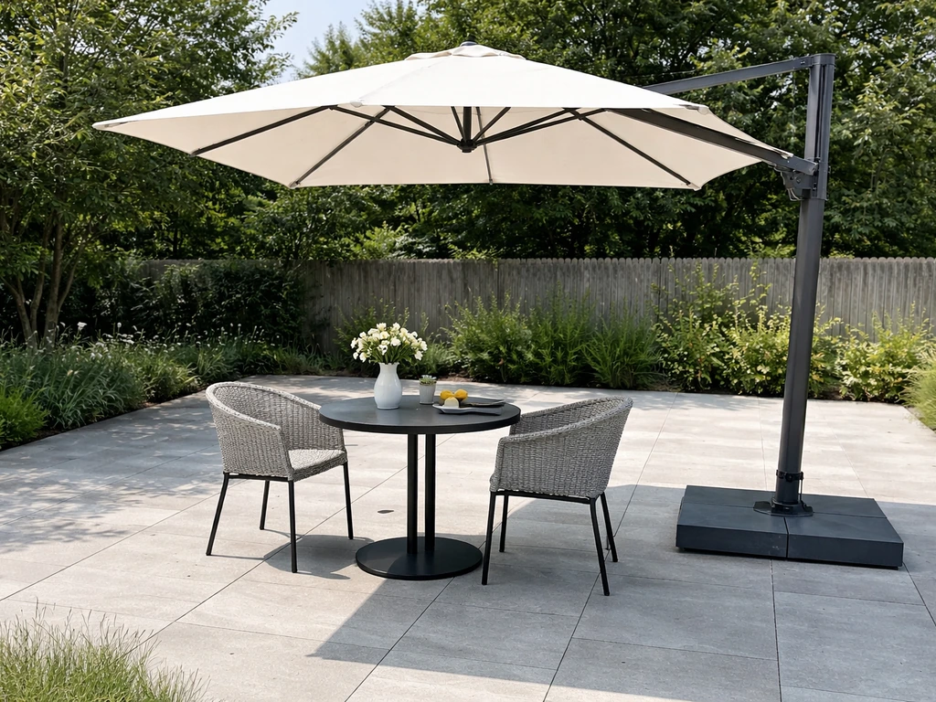 Cantilever offset patio umbrella with side arm over a dining table, showing no center pole under the shade