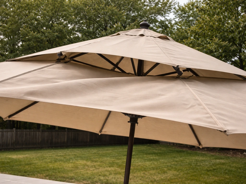 11 ft patio umbrella with dual vent openings open in strong wind, anchored on concrete.