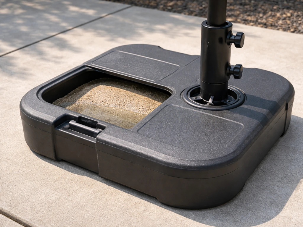 Heavy fillable umbrella base setup beside stabilizing center-pole connection on a concrete patio