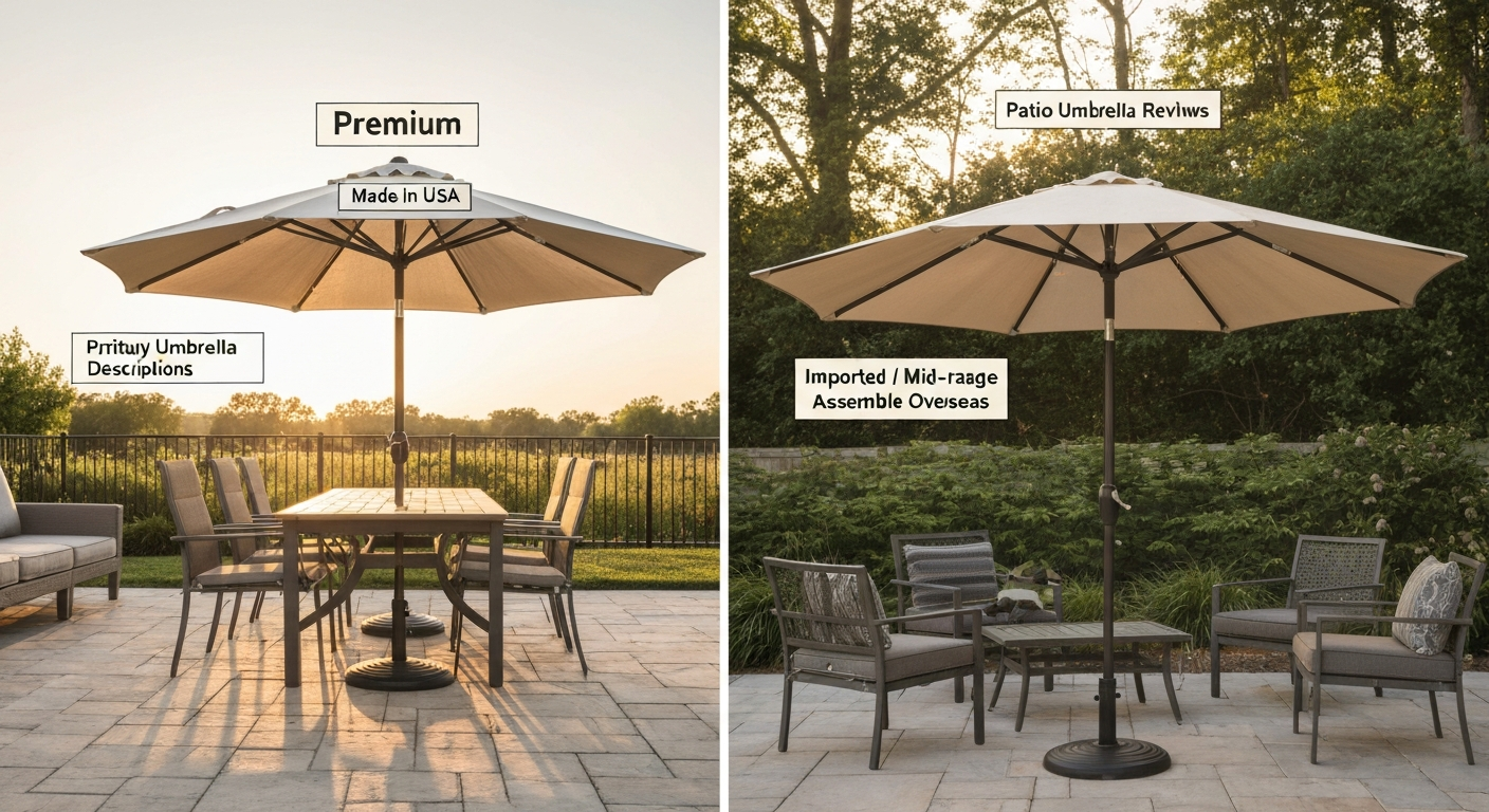 Backyard patio with two umbrellas side-by-side, one labeled 'Made in USA' and visibly more robust than the imported model.