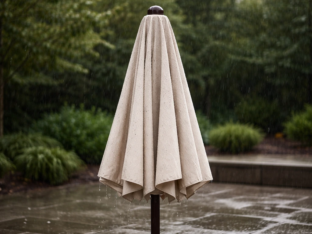 Patio umbrella canopy with rain beading and droplets rolling off during a light shower.