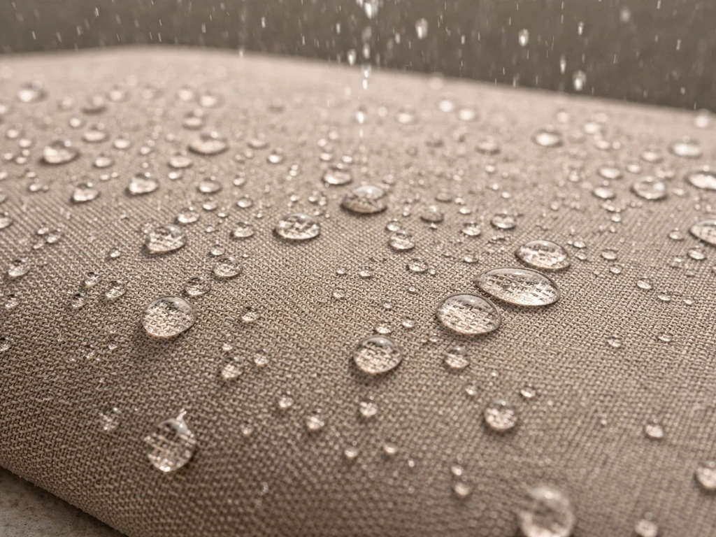 Close-up of solution-dyed acrylic umbrella fabric with raindrops beading and rolling off.
