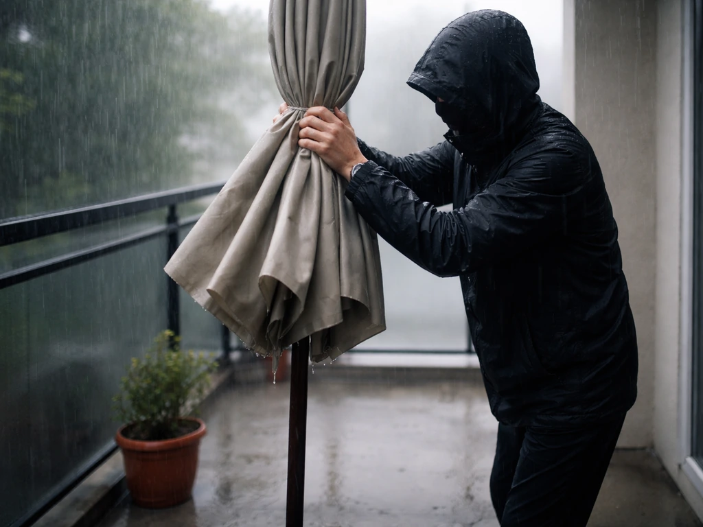 Person shutting an umbrella on a patio during heavy rain.