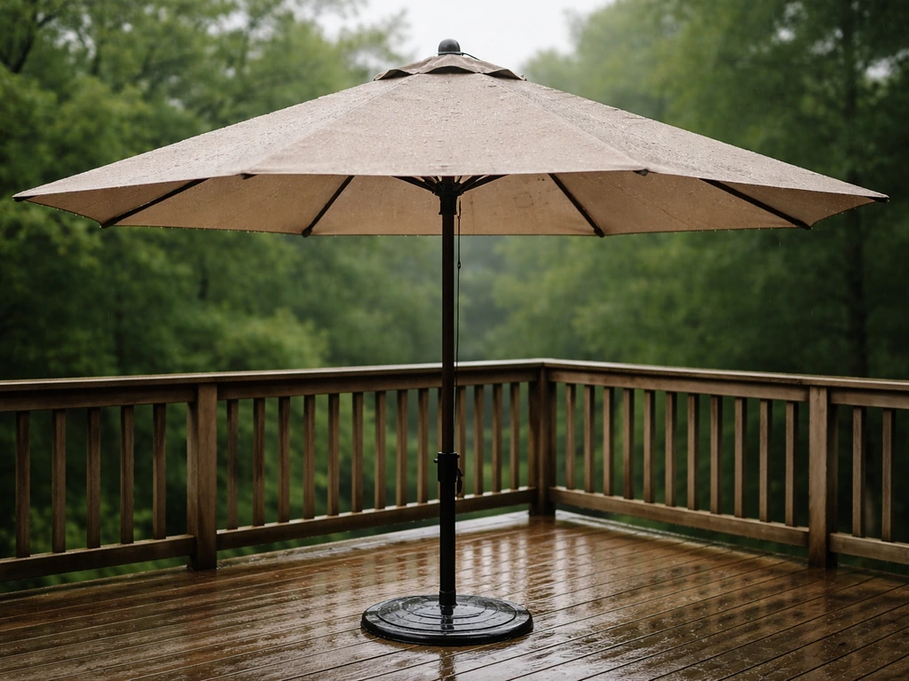 Wet umbrella open on a patio deck after rain, air-drying before being folded away.