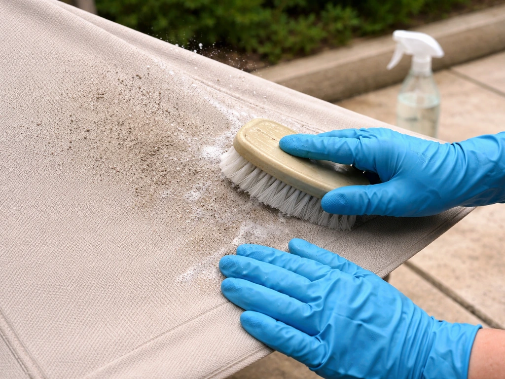 Gloved hands scrubbing a dirty outdoor umbrella canopy with a soft brush and water.