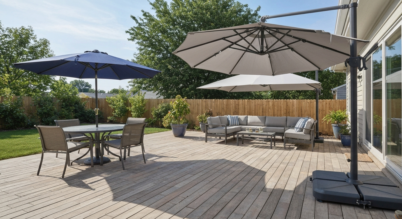 Backyard patio with a center-pole market umbrella over a dining table and a large cantilever umbrella shading a sofa, showing different canopy fabrics and bases.