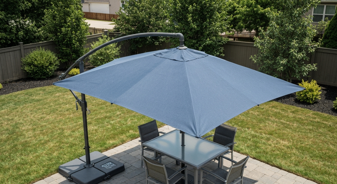 Photorealistic 10-ft cantilever patio umbrella with slate-blue acrylic canopy, aluminum arm and visible 200 lb base in a suburban backyard, shading a patio table.