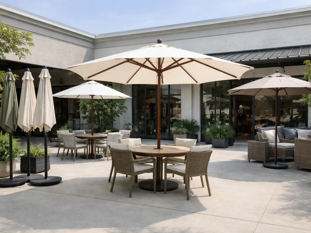 Outdoor patio display showing multiple patio umbrellas of different sizes near a storefront vibe.