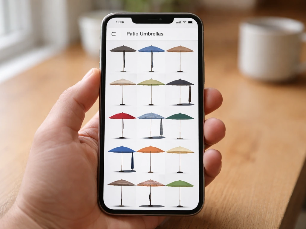 Close-up of a smartphone showing a simple online shopping grid titled Patio Umbrellas with many product tiles