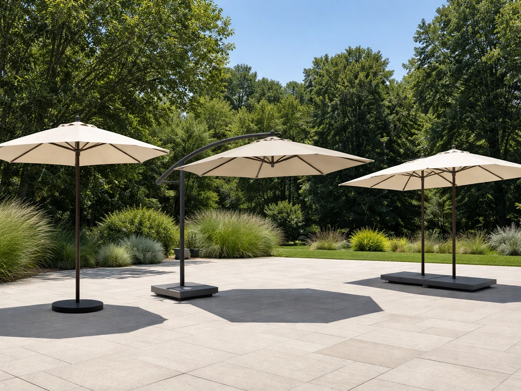 Three different patio umbrellas shown side by side: market, cantilever/offset, and rectangular double-sided.