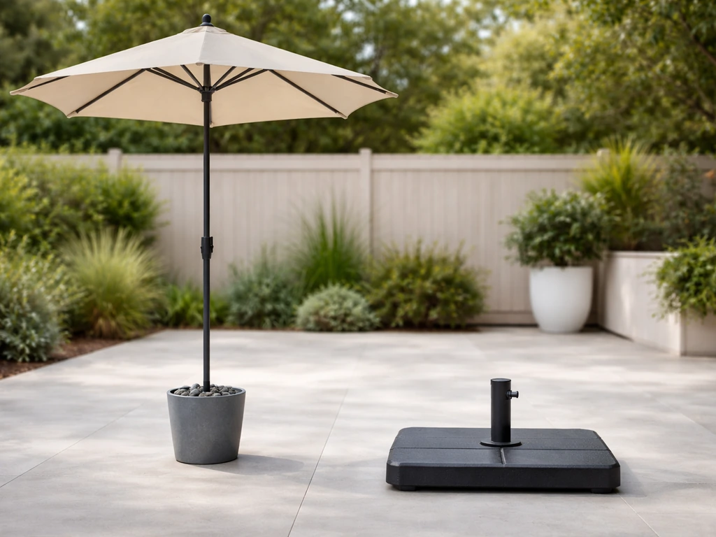 Patio umbrella alone next to a separate umbrella base component on a clean outdoor patio surface.