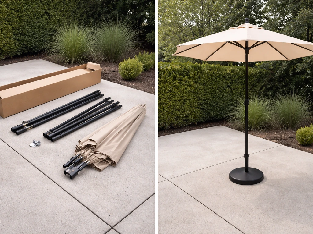 Patio umbrella parts laid out for assembly next to a fully assembled umbrella in a simple outdoor setting.