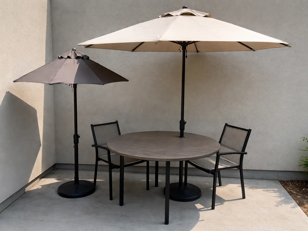 Outdoor patio table with two umbrellas showing larger canopy coverage over the dining table.