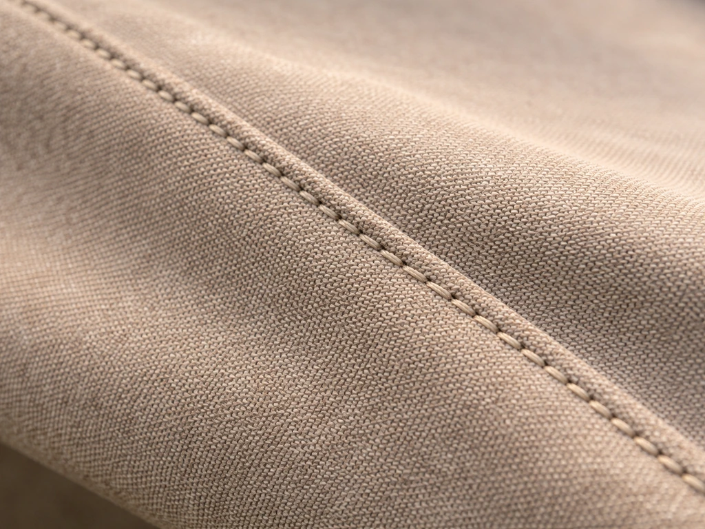 Macro closeup of UV/weather-resistant patio umbrella fabric texture and stitched seam