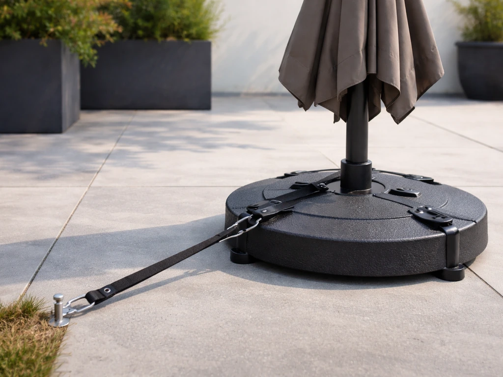 Weighted freestanding patio umbrella base with a low anchoring strap setup in breezy natural light