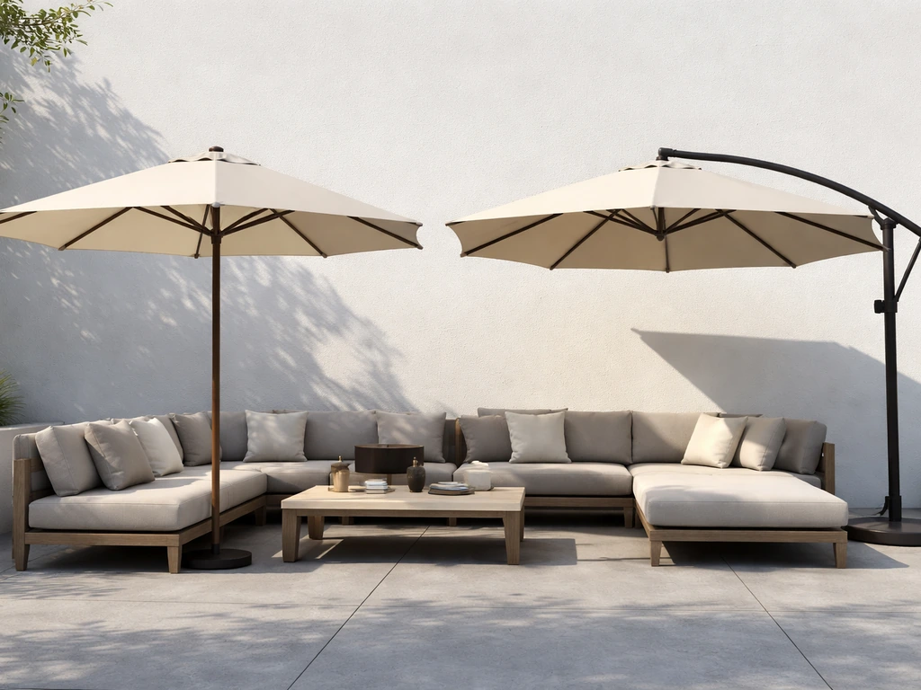 Side-by-side umbrellas: center-pole model shows a pole in the middle, cantilever keeps the seating area pole-free.