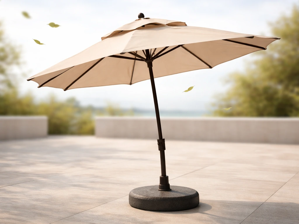 Outdoor market umbrella with vented canopy and heavy base on a windy day, focused on stability.