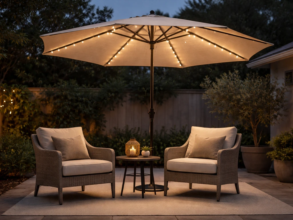 A softly glowing 10ft solar LED patio umbrella over an outdoor patio seating set at dusk.