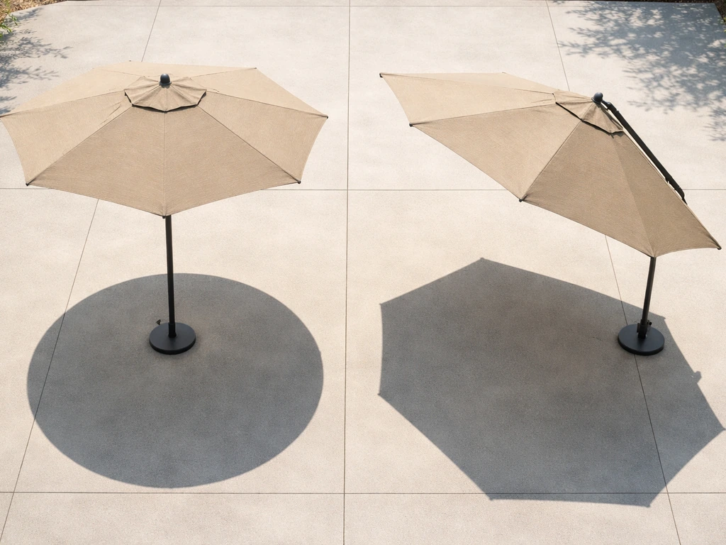 Top-down view comparing 10ft tilt and non-tilt umbrella shade over a simple patio layout.